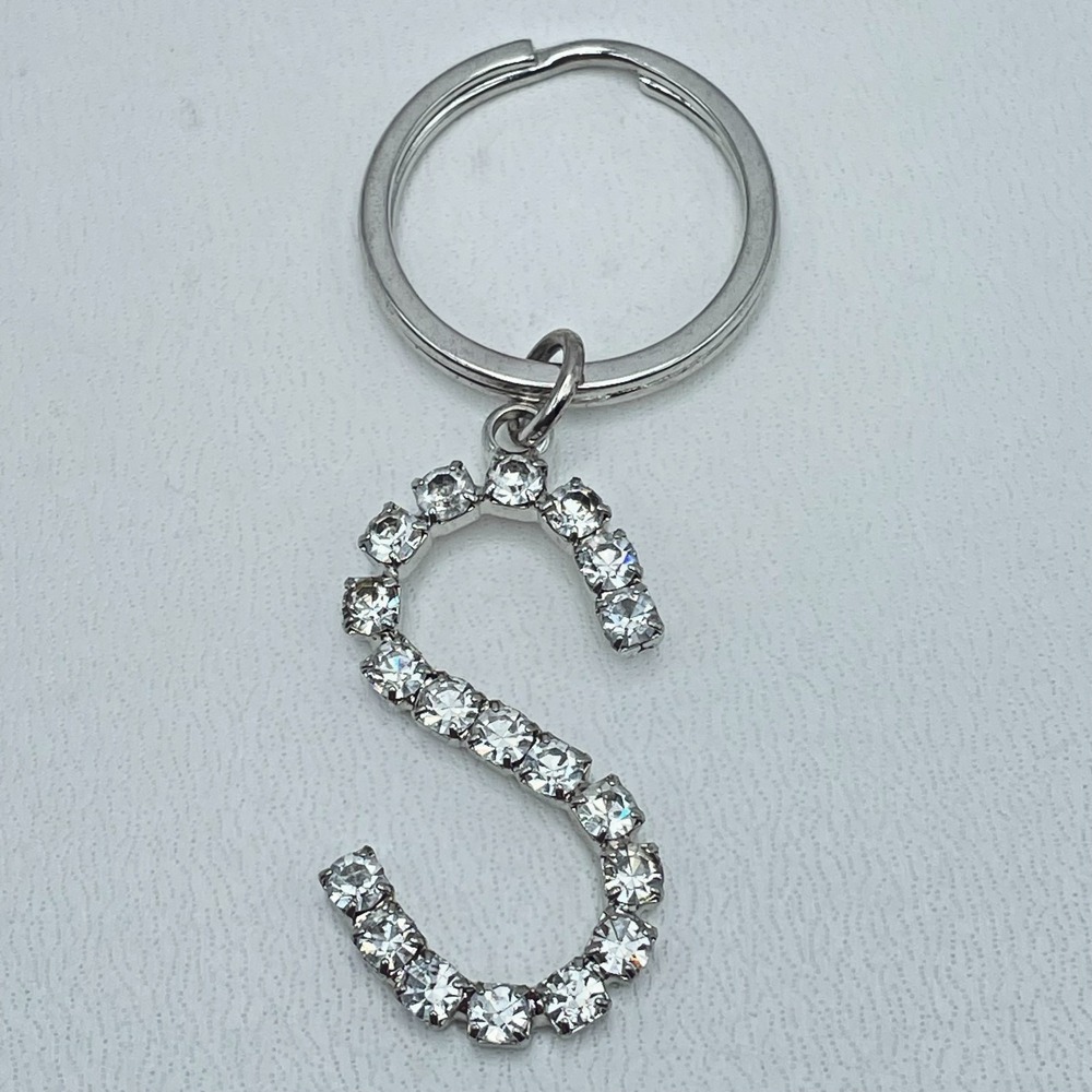 Vintage Silver Tone Rhinestone Letter S Initial Keychain Chunky Statement Charm
